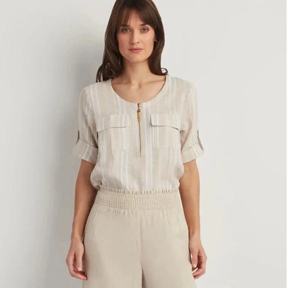 100% LINEN Ellen Tracy Striped Coastal Grandma Neutral Long Tunic Top Size S - Picture 1 of 14